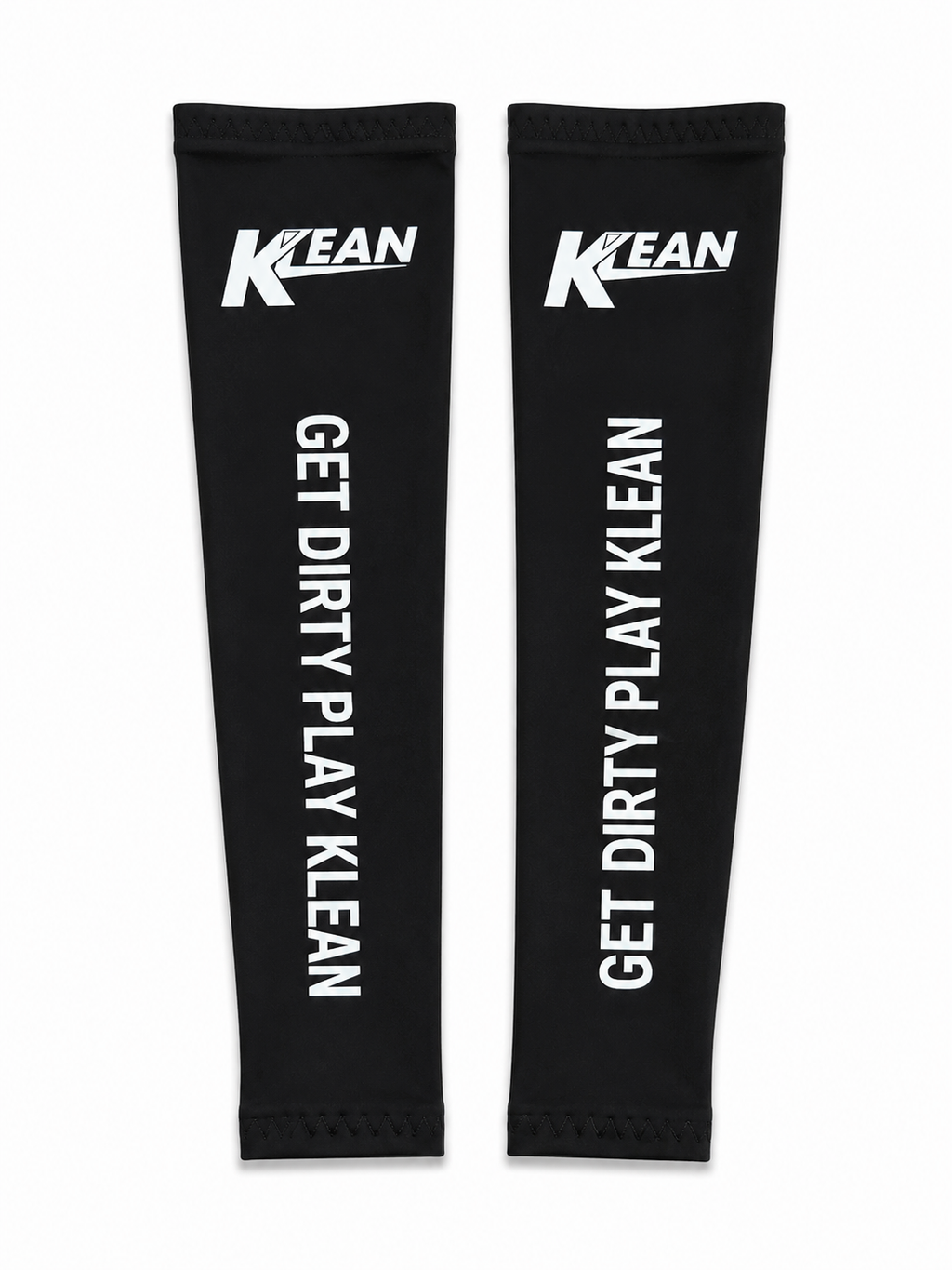 A pair of black arm warmers with white printed text and logos, displayed flat against a white background. The left sleeve features the KLEAN logo at the top and the phrase 'GET DIRTY PLAY KLEAN' printed vertically.