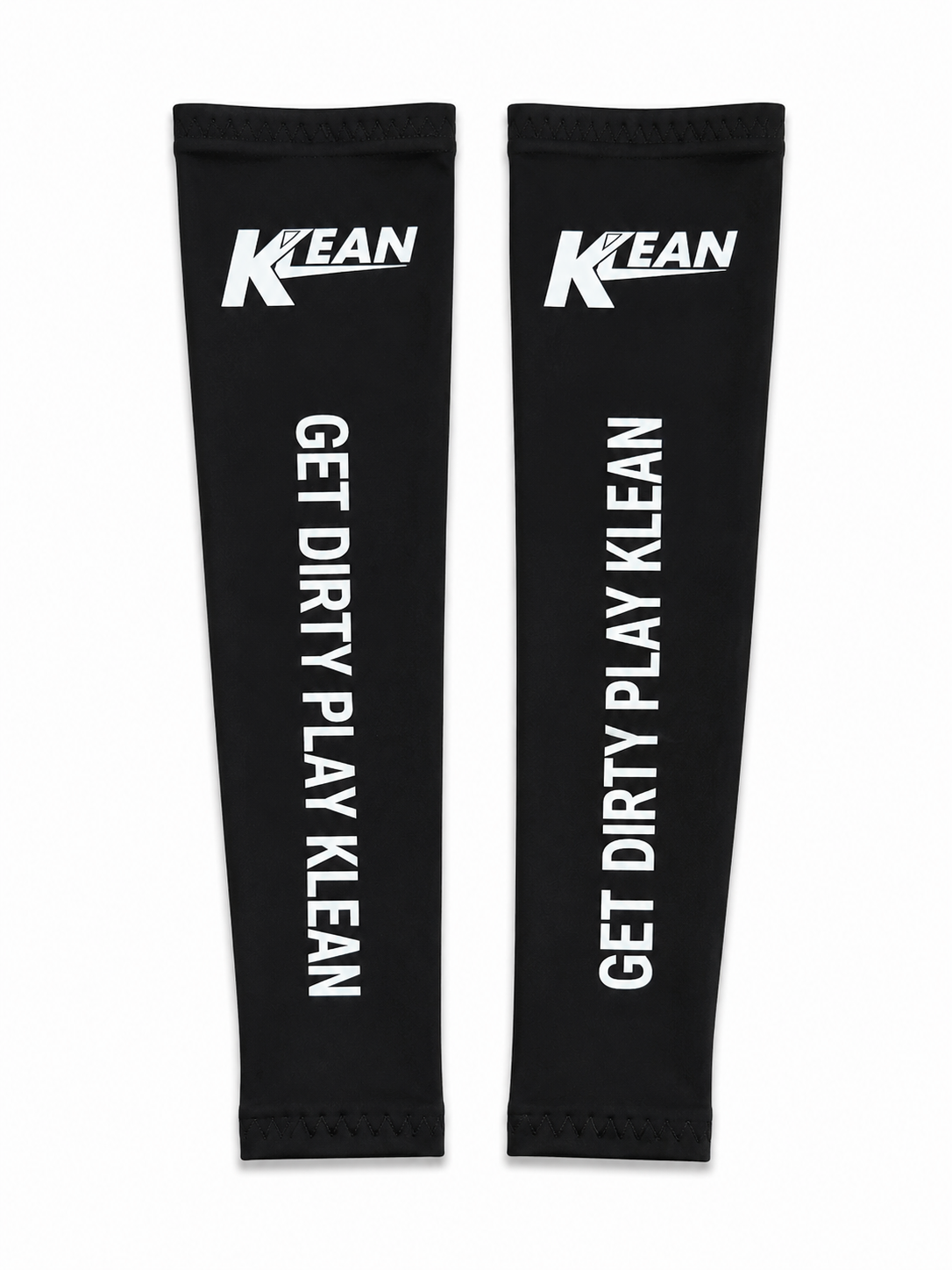 A pair of black arm warmers with white printed text and logos, displayed flat against a white background. The left sleeve features the KLEAN logo at the top and the phrase 'GET DIRTY PLAY KLEAN' printed vertically.